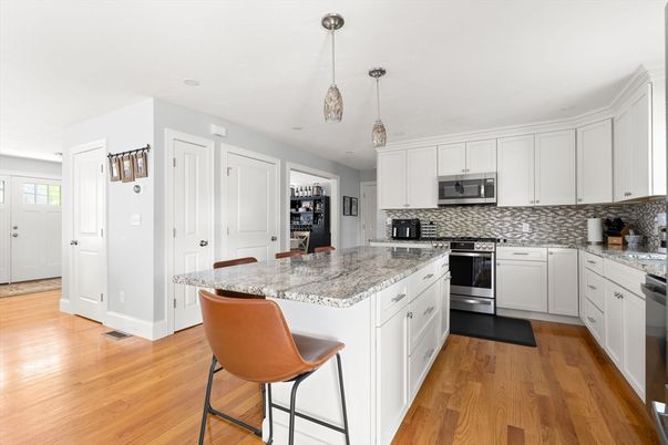 Interior, Kitchen, Pendant Lights, Stainless Steel Appliances, Wood Texture Flooring