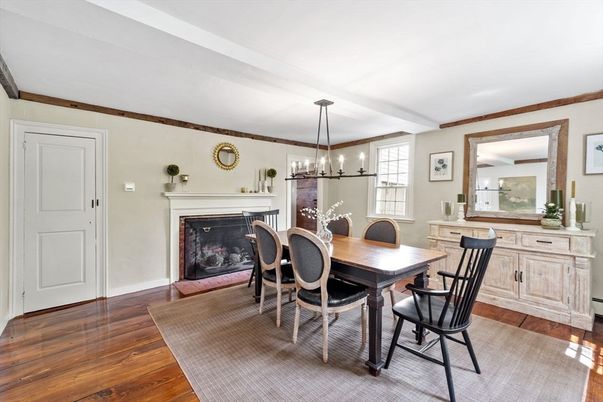 Dining room, Fireplace, Interior, Pendant Lights, Wood Texture Flooring