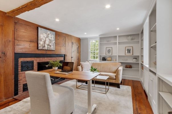 Fireplace, Home Office, Interior, Living room, Recessed Lighting, Wood Texture Flooring, Wooden Walls