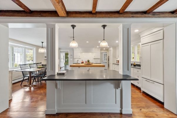 Interior, Kitchen, Pendant Lights, Recessed Lighting, Wooden Beams, Wood Texture Flooring