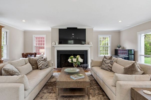 Fireplace, Interior, Living room, Recessed Lighting, Wood Texture Flooring