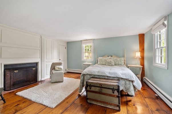 Bedroom, Fireplace, Interior, Wood Texture Flooring