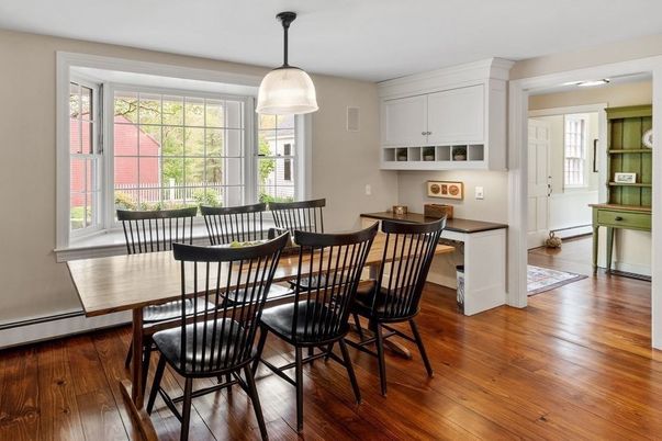Dining room, Interior, Pendant Lights, Wood Texture Flooring