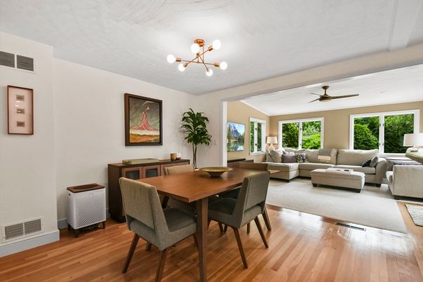 Dining room, Interior, Living room, Pendant Lights, Wood Texture Flooring