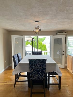 Dining room, Interior, Pendant Lights, Wood Texture Flooring