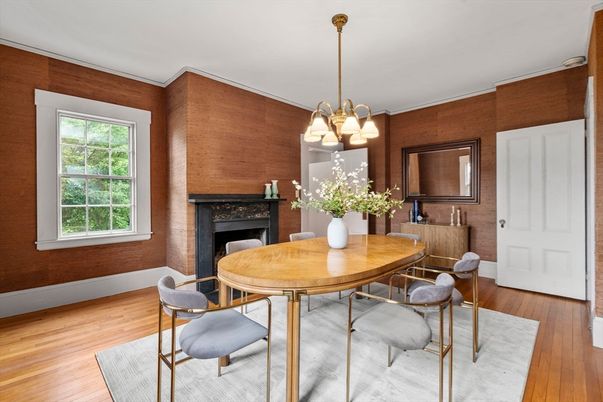 Dining room, Fireplace, Interior, Pendant Lights, Wood Texture Flooring, Wooden Walls