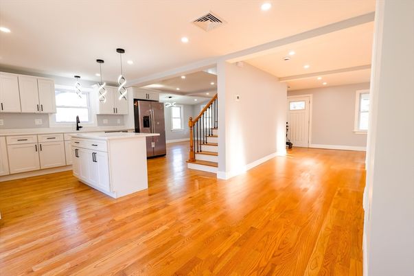 Interior, Kitchen, Pendant Lights, Recessed Lighting, Wood Texture Flooring