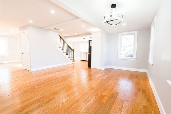 Empty room, Interior, Pendant Lights, Recessed Lighting, Wood Texture Flooring