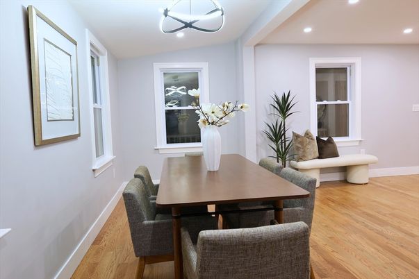 Dining room, Interior, Pendant Lights, Recessed Lighting, Wood Texture Flooring