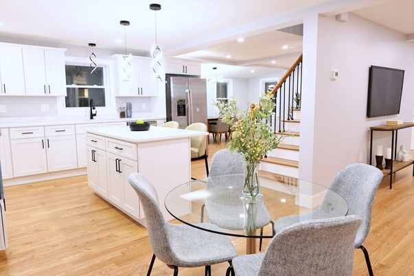 Dining room, Interior, Kitchen, Pendant Lights, Recessed Lighting, Stainless Steel Appliances, Wood Texture Flooring