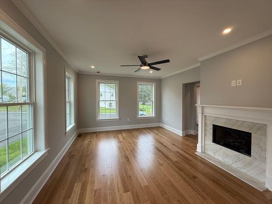 Empty room, Fireplace, Interior, Recessed Lighting, Wood Texture Flooring