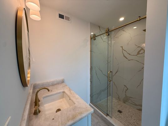 Bathroom, Glass Shower, Interior, Marble Walls, Recessed Lighting