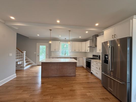 Interior, Kitchen, Pendant Lights, Recessed Lighting, Stainless Steel Appliances, Wood Texture Flooring