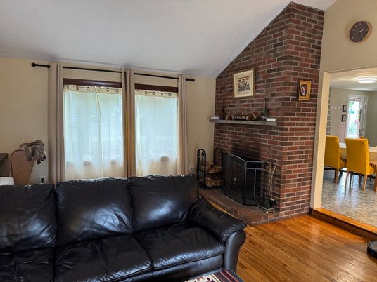 Dining room, Fireplace, Interior, Stone Walls, Wood Texture Flooring
