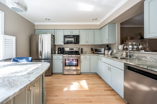 Interior, Kitchen, Recessed Lighting, Stainless Steel Appliances, Wood Texture Flooring