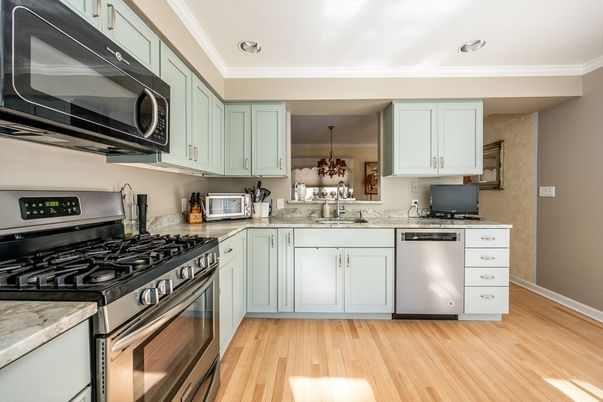 Interior, Kitchen, Recessed Lighting, Stainless Steel Appliances, Wood Texture Flooring