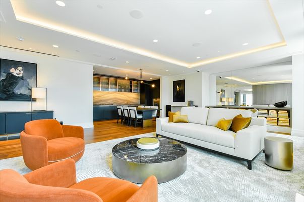 Dining room, Interior, Living room, Pendant Lights, Recessed Lighting, Wood Texture Flooring