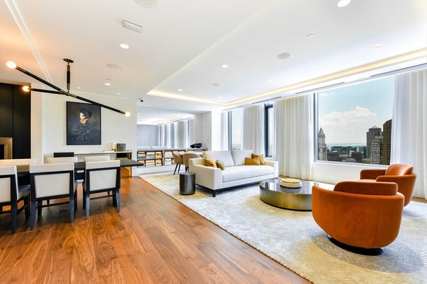 Dining room, Interior, Living room, Pendant Lights, Recessed Lighting, Wood Texture Flooring