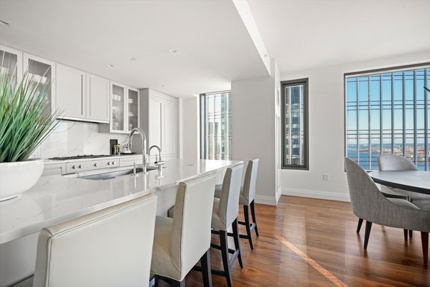 Dining room, Interior, Kitchen, Recessed Lighting, Water, Wood Texture Flooring