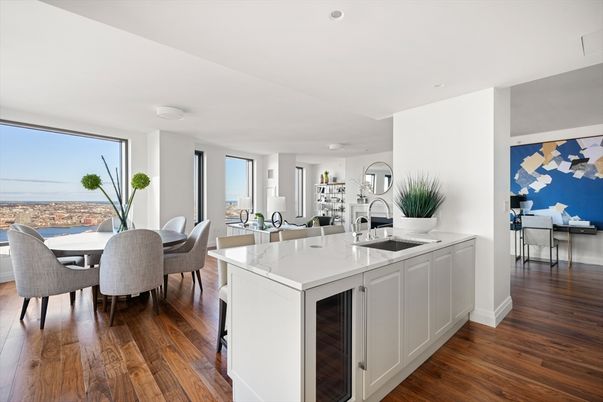 Dining room, Interior, Kitchen, Recessed Lighting, Water, Wood Texture Flooring