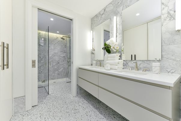 Bathroom, Dual Sink Vanities, Glass Shower, Interior, Marble Walls, Recessed Lighting