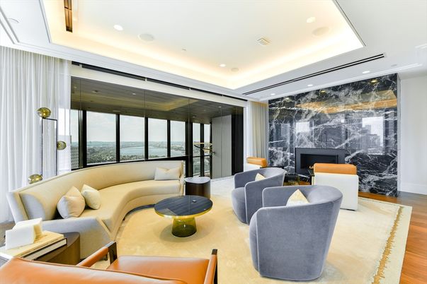 Fireplace, Interior, Living room, Marble Walls, Recessed Lighting, Wood Texture Flooring
