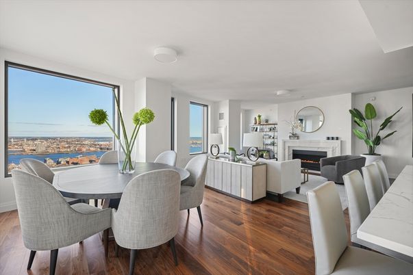 Dining room, Fireplace, Interior, Living room, Water, Wood Texture Flooring