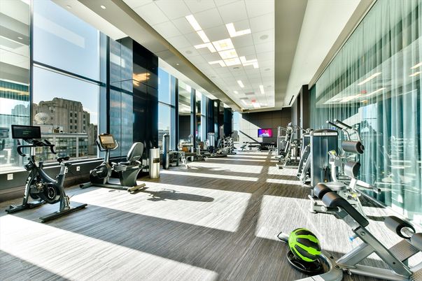 Fitness Equipment, Gym, Interior, Recessed Lighting, Wood Texture Flooring