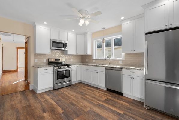 Interior, Kitchen, Recessed Lighting, Stainless Steel Appliances, Wood Texture Flooring