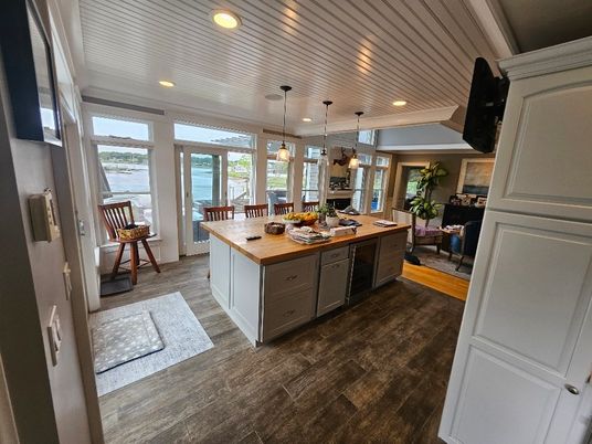 Dining room, Interior, Kitchen, Pendant Lights, Recessed Lighting, Water, Wood Texture Flooring