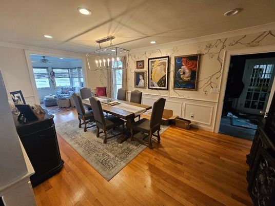 Dining room, Interior, Pendant Lights, Recessed Lighting, Wood Texture Flooring