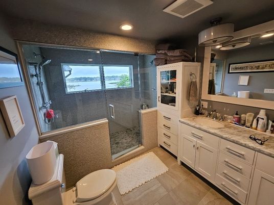 Bathroom, Dual Sink Vanities, Glass Shower, Interior, Recessed Lighting, Water