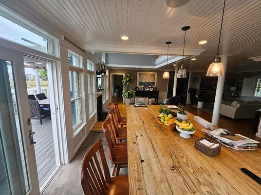 Dining room, Interior, Living room, Pendant Lights, Recessed Lighting, Wood Texture Flooring