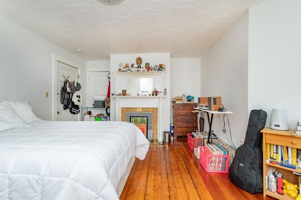 Bedroom, Fireplace, Interior, Wood Texture Flooring