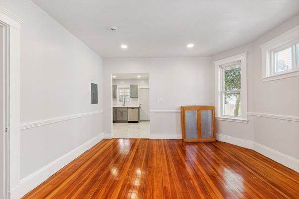 Empty room, Interior, Kitchen, Marble, Recessed Lighting, Wood Texture Flooring