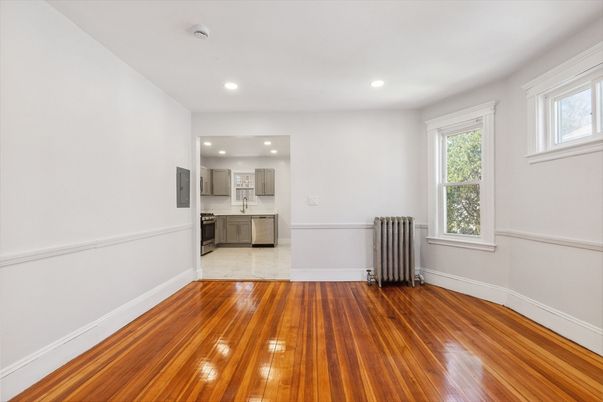 Empty room, Interior, Kitchen, Marble, Recessed Lighting, Wood Texture Flooring