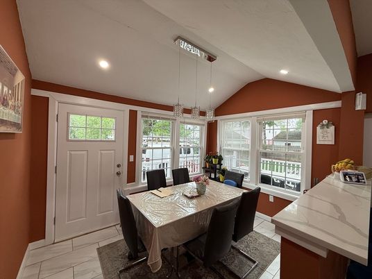 Dining room, Interior, Marble, Pendant Lights, Recessed Lighting