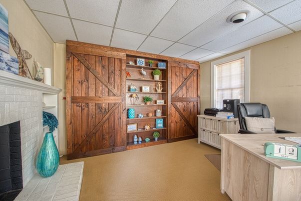 Fireplace, Home Office, Interior, Wooden Walls