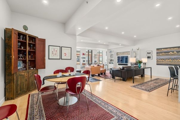 Dining room, Interior, Living room, Recessed Lighting, Wood Texture Flooring