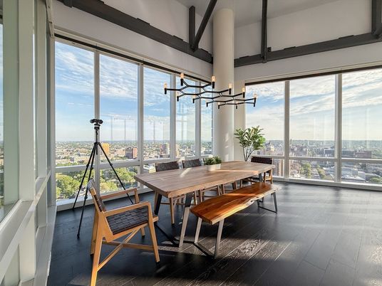 Dining room, Interior, Pendant Lights, Wood Texture Flooring