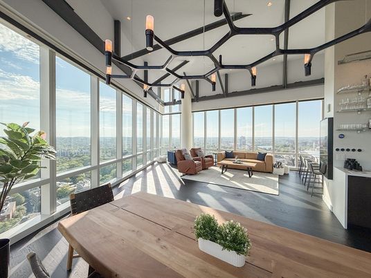 Dining room, Interior, Living room, Pendant Lights, Recessed Lighting, Water, Wood Texture Flooring
