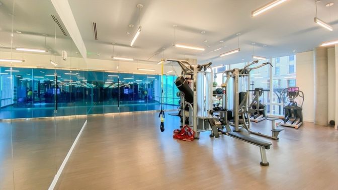 Fitness Equipment, Gym, Interior, Recessed Lighting, Wood Texture Flooring