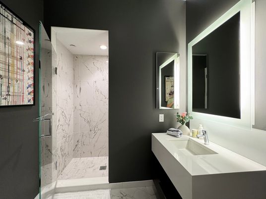 Bathroom, Glass Shower, Interior, Marble, Marble Walls, Recessed Lighting