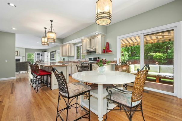 Dining room, Interior, Kitchen, Pendant Lights, Recessed Lighting, Wood Texture Flooring