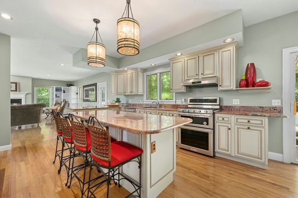 Fireplace, Interior, Kitchen, Pendant Lights, Recessed Lighting, Stainless Steel Appliances, Wood Texture Flooring