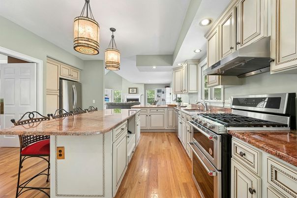 Interior, Kitchen, Pendant Lights, Recessed Lighting, Stainless Steel Appliances, Wood Texture Flooring