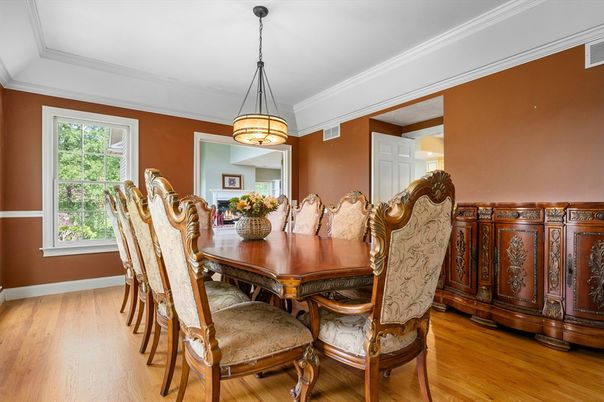 Dining room, Interior, Pendant Lights, Wood Texture Flooring
