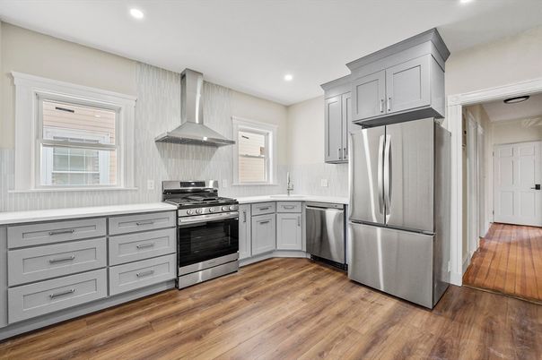 Interior, Kitchen, Recessed Lighting, Stainless Steel Appliances, Wood Texture Flooring