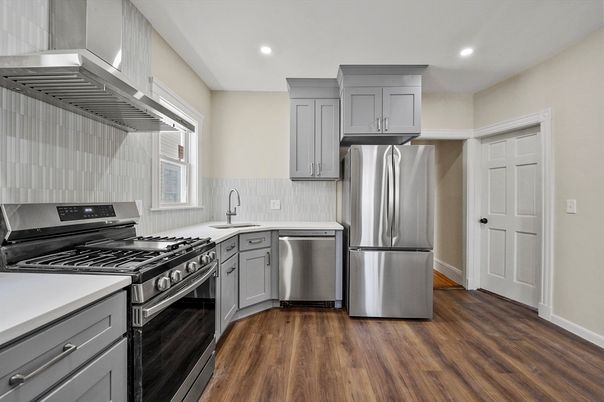 Interior, Kitchen, Recessed Lighting, Stainless Steel Appliances, Wood Texture Flooring