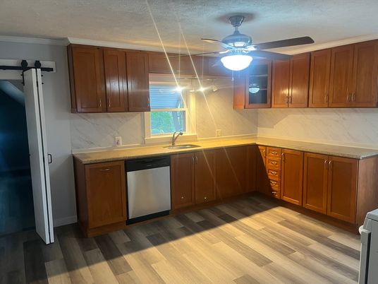 Interior, Kitchen, Marble Walls, Wood Texture Flooring
